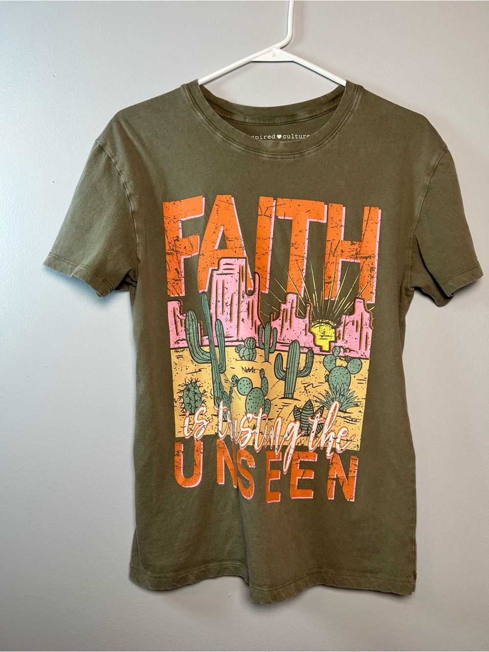 Olive Green Faith Seeing the Unseen Desert Cactus Graphic Tee Shirt